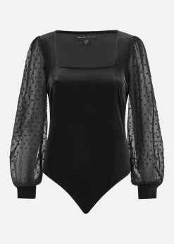 Mela Black Velvet Bodysuit With Sheer Sleeves And Square Neckline