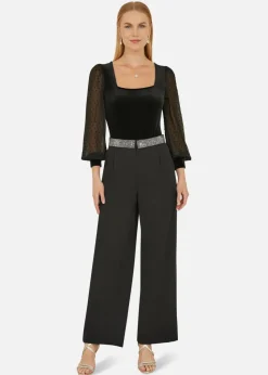 Mela Black Velvet Bodysuit With Sheer Sleeves And Square Neckline
