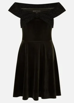 Mela Black Velvet Skater Dress With Sparkle Bow Neckline