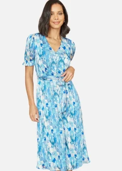 Mela Blue Abstract Print Dress With Pleats And Front Split