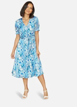 Mela Blue Abstract Print Dress With Pleats And Front Split