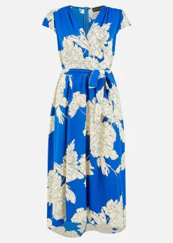Mela Blue Blossom Print Wrap Midi With Dipped Hem