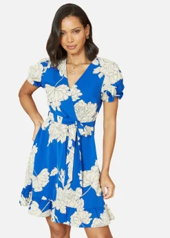 Mela Blue Blossom Print Wrap Dress With Puff Sleeves