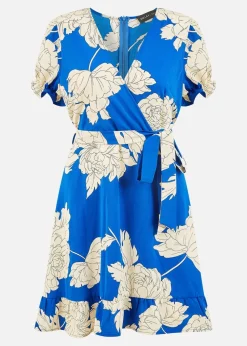 Mela Blue Blossom Print Wrap Dress With Puff Sleeves