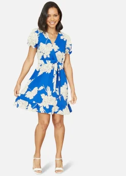 Mela Blue Blossom Print Wrap Dress With Puff Sleeves