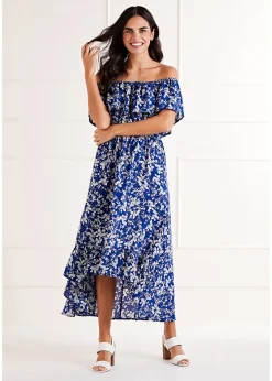 Mela Blue Ditsy Print Bardot Dipped Hem Dress