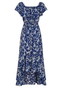 Mela Blue Ditsy Print Bardot Dipped Hem Dress