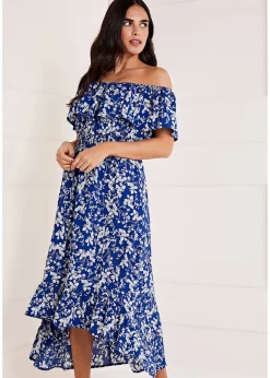 Mela Blue Ditsy Print Bardot Dipped Hem Dress