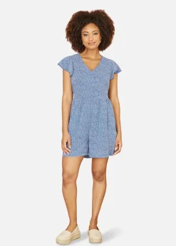 Mela Blue Ditsy Print V Neck Playsuit