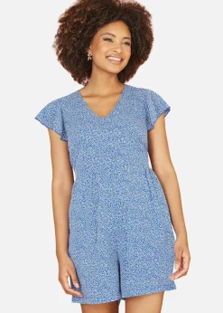 Mela Blue Ditsy Print V Neck Playsuit