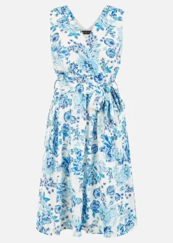 Mela Floral Wrap Over Skater Dress In Blue
