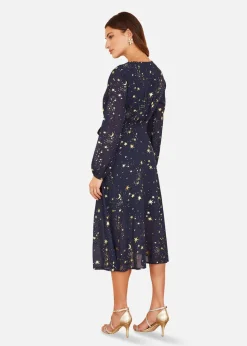 Mela Foil Star Print Long Sleeve Midi Dress In Navy