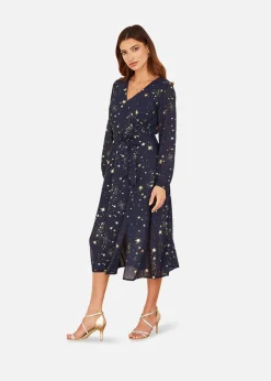 Mela Foil Star Print Long Sleeve Midi Dress In Navy