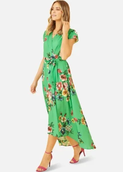 Mela Green Bright Floral Dip Hem Wrap Midi Dress