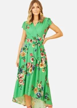 Mela Green Bright Floral Dip Hem Wrap Midi Dress