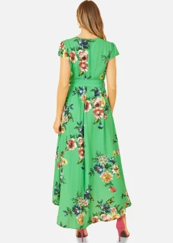 Mela Green Bright Floral Dip Hem Wrap Midi Dress