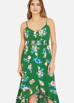 Mela Green Floral High Low Frill Midi Dress