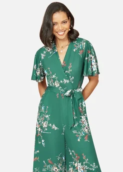 Mela Green Floral Print Jumpsuit With Angel Sleeves