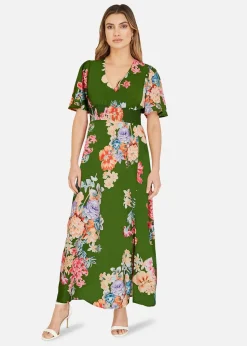 Mela Green Floral Ruched Waist Maxi Dress With Split Hemline