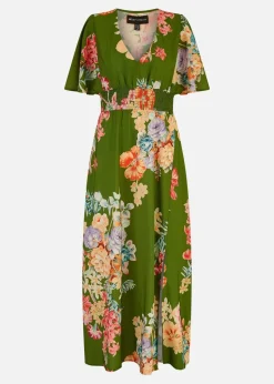 Mela Green Floral Ruched Waist Maxi Dress With Split Hemline