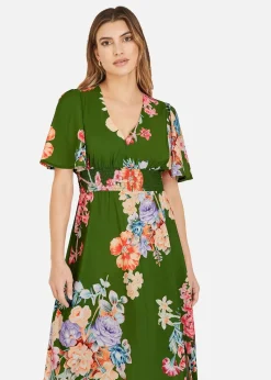 Mela Green Floral Ruched Waist Maxi Dress With Split Hemline
