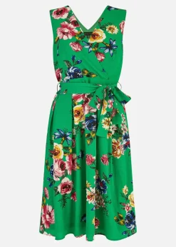Mela Green Floral Wrap Over Midi Skater Dress