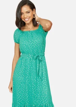 Mela Green Foil Print Bardot Midi Dress