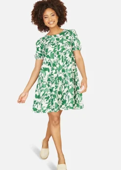 Mela Green Leaf Print Tunic Skater Dress