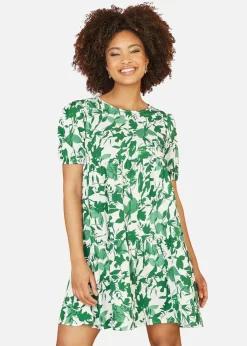 Mela Green Leaf Print Tunic Skater Dress