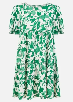 Mela Green Leaf Print Tunic Skater Dress