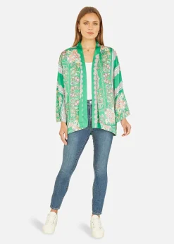Mela Green Paisley Print Satin Kimono