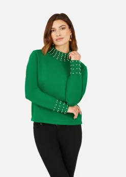 Mela Green Pearl Detail High Neck Jumper