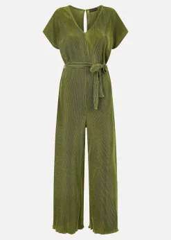 Mela Green Pleated Jumpsuit With V Neck
