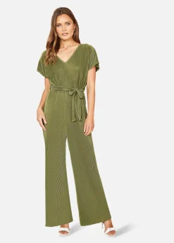Mela Green Pleated Jumpsuit With V Neck