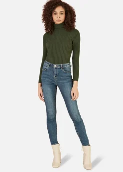 Mela Green Ribbed Knit Roll Neck Jumper