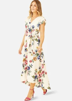 Mela Ivory Floral Wrap Dip Hem Dress