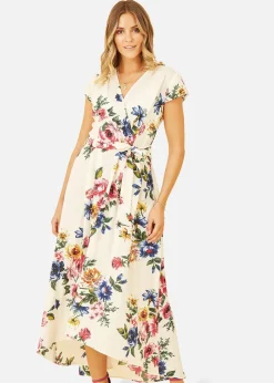 Mela Ivory Floral Wrap Dip Hem Dress