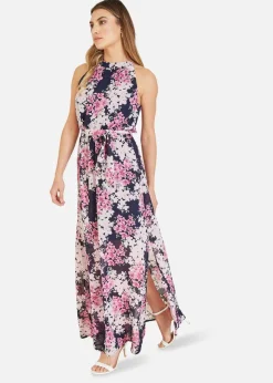 Mela Navy Blossom Halter Neck Maxi Dress With Side Split