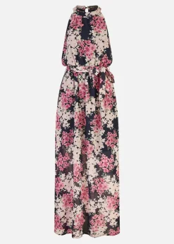Mela Navy Blossom Halter Neck Maxi Dress With Side Split