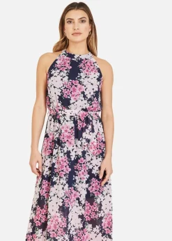 Mela Navy Blossom Halter Neck Maxi Dress With Side Split