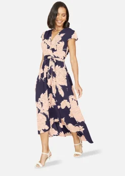 Mela Navy Blossom Print Wrap Midi With Dipped Hem