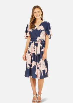Mela Navy Blossom Print Wrap Skater Dress
