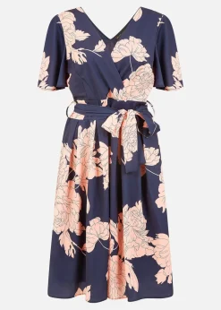 Mela Navy Blossom Print Wrap Skater Dress