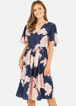 Mela Navy Blossom Print Wrap Skater Dress