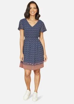 Mela Navy Border Print Skater Dress