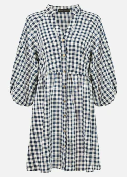 Mela Navy Cotton Checked Button Through Tunic Dress