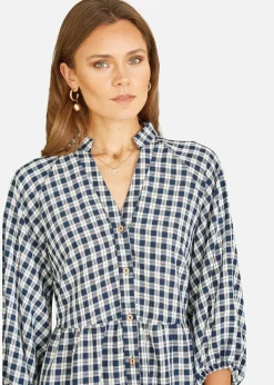 Mela Navy Cotton Checked Button Through Tunic Dress