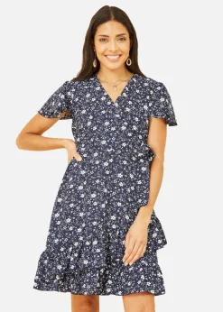 Mela Navy Ditsy Floral Wrap Frill Dress