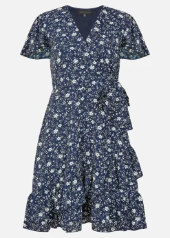 Mela Navy Ditsy Floral Wrap Frill Dress