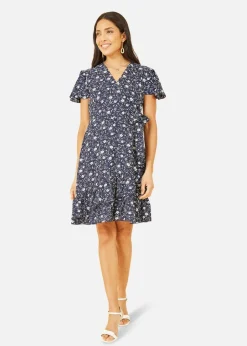 Mela Navy Ditsy Floral Wrap Frill Dress